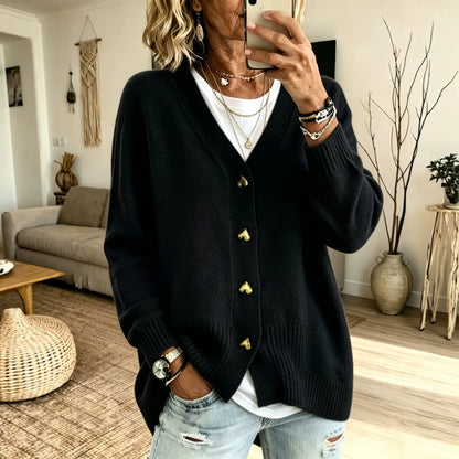 Heart Button V Neck Knit Cardigan
