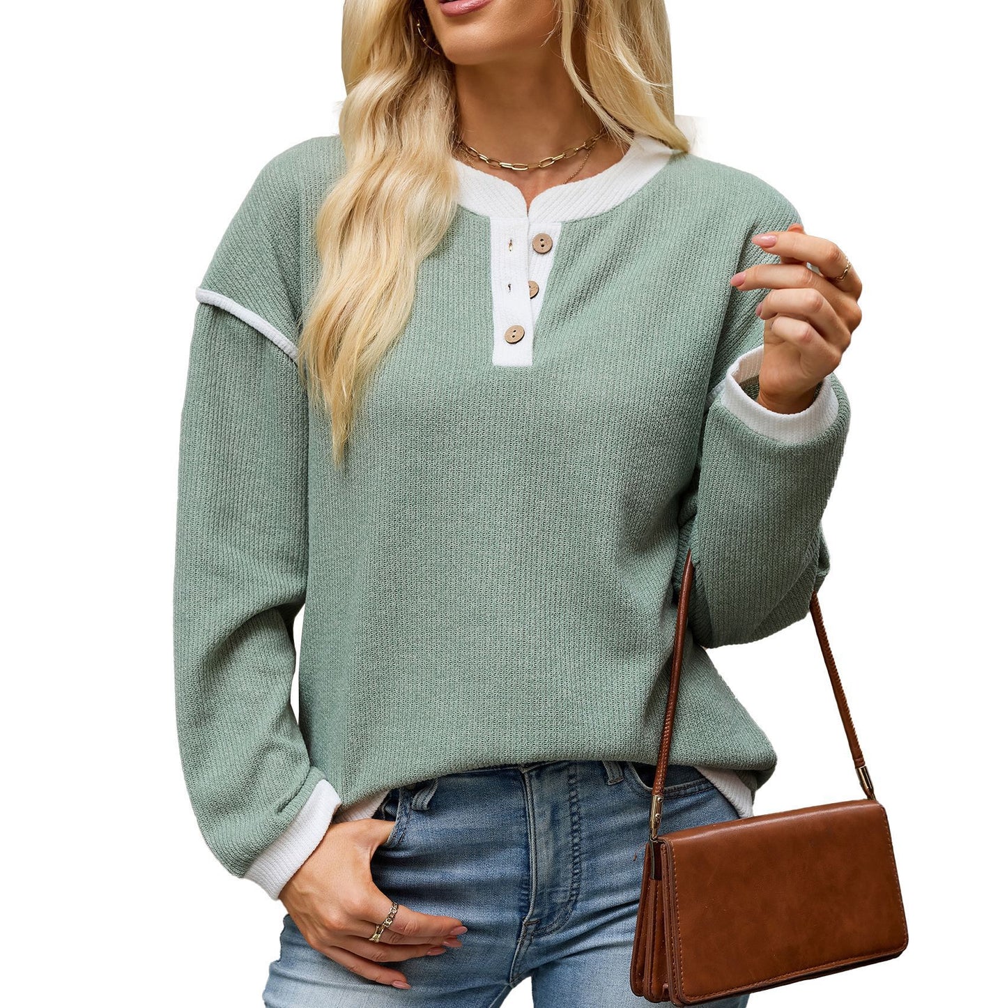 Contrast Trim Henley Knit Long Sleeve Top