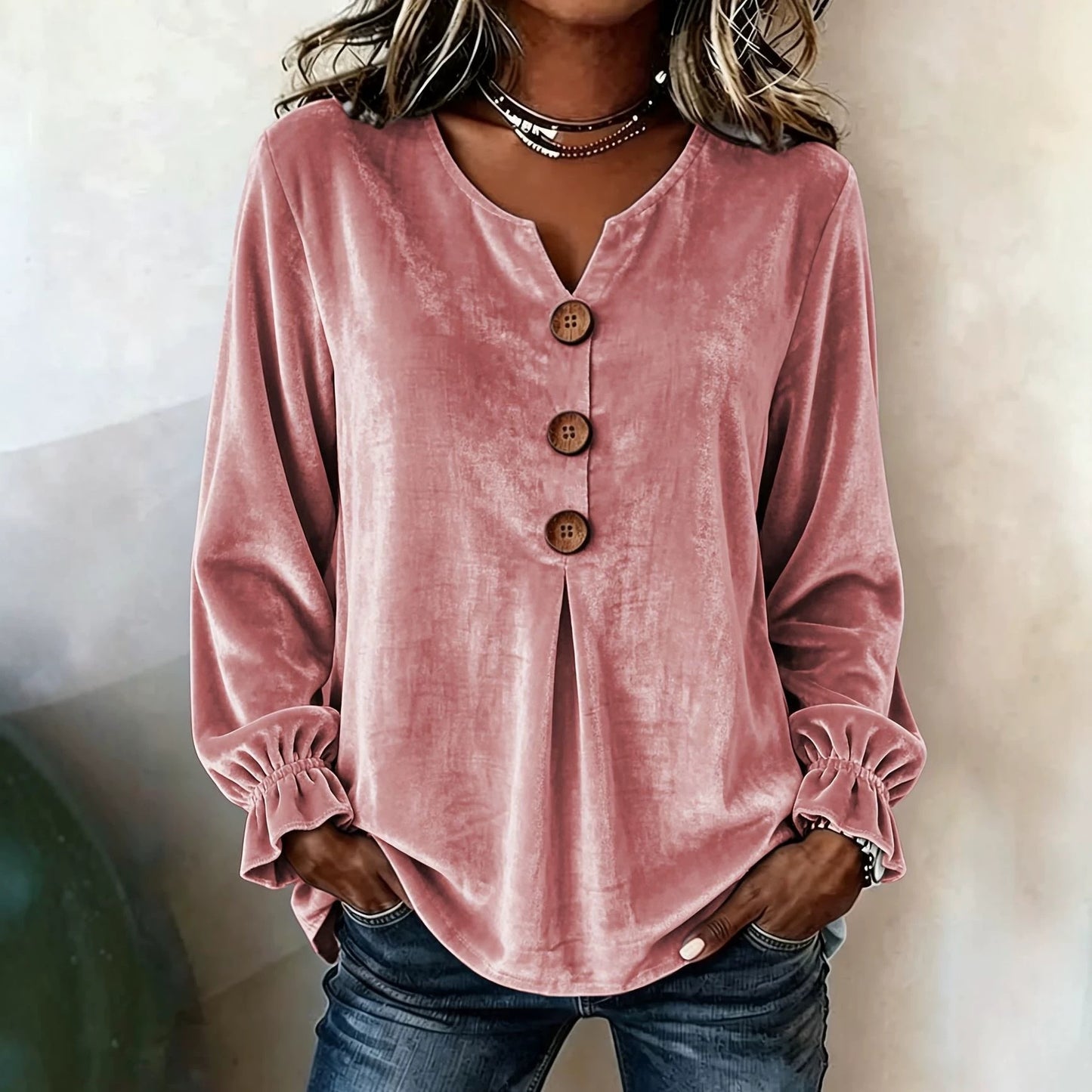 Notch V Neck Wooden Button Pleated Front Puff Cuff Long Sleeve Blouse