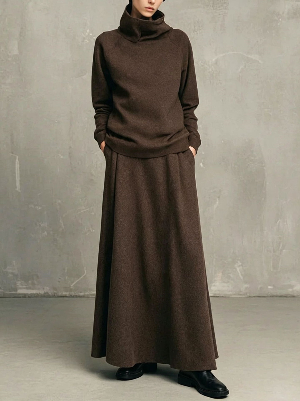 Elegant Neutral Knit Co-ord Set Funnel Neck Sweater Pleated Long Skirt