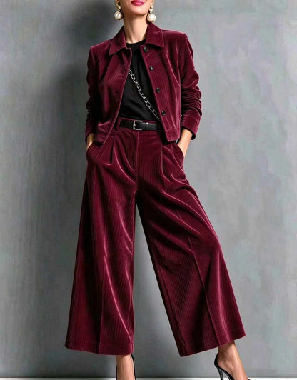Corduroy Lapel Crop Jacket & High Waist Wide Leg Pants 2 Piece Outfit