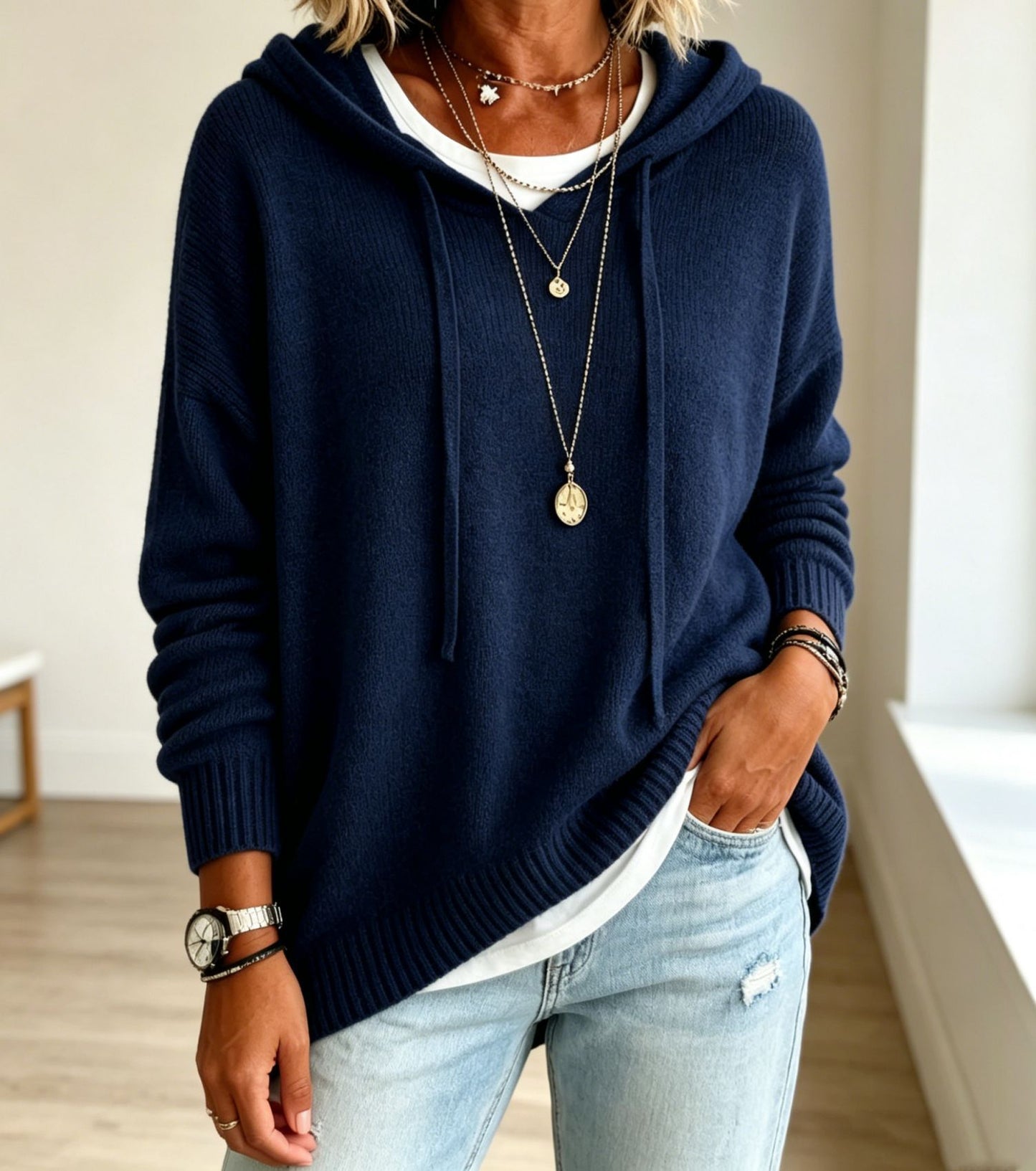 Women's Pullover Sweater Jumper Vacation Daily Stylish Hooded Knitted 3/4 Length Sleeve Long Tops Knit