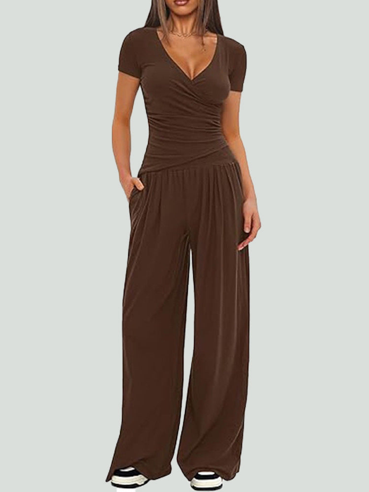 Women Solid Wrap V Neck Ruched Long Sleeve Top Elastic High Waist Pocket Wide Leg Casual Loungewear Co-ord Set