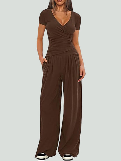 Women Solid Wrap V Neck Ruched Long Sleeve Top Elastic High Waist Pocket Wide Leg Casual Loungewear Co-ord Set
