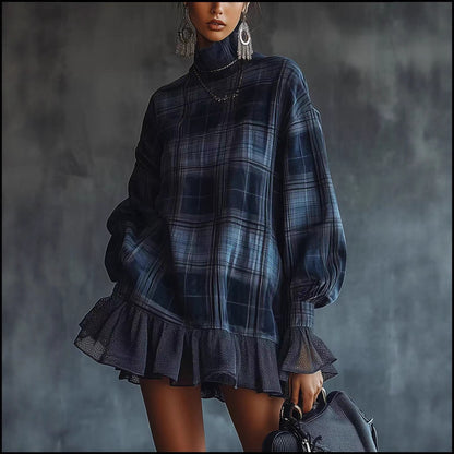 Women's Turtleneck Plaid Long Sleeve Ruffle Hem Tunic Dress