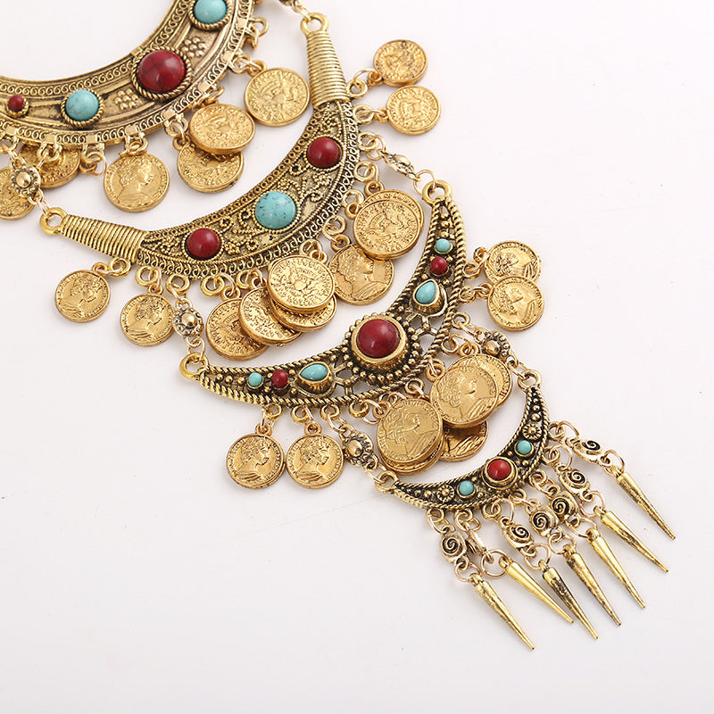 Visland Statement Necklace Exaggerated Round Coins Tassels Colored Turquoise Layered Gift Hypoallergenic Vintage Ethnic