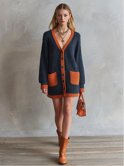 Women’s Oversized Contrast Trim Long Sleeve Chunky Knit Cardigan