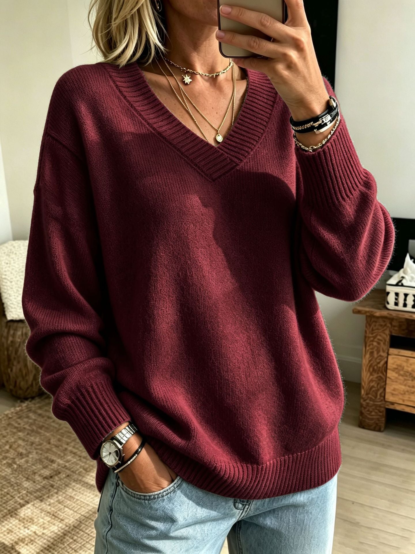 Relaxed V-Neck Long Sleeve Knit Sweater