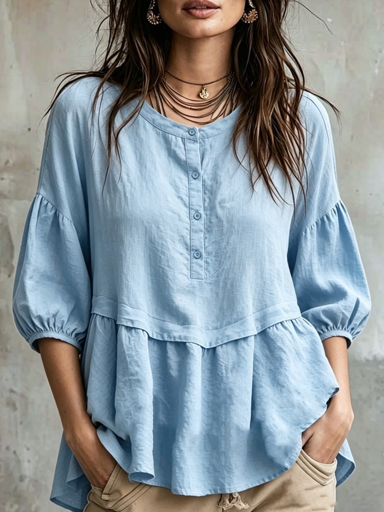 Peplum Balloon Sleeve Blouse – Soft Linen-Blend Casual Top