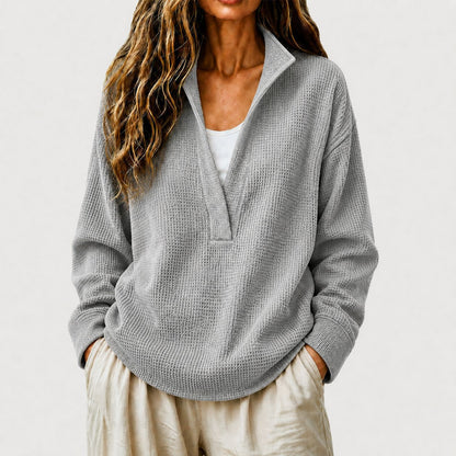 Waffle Textured Half Zip Stand Collar Long Sleeve Top