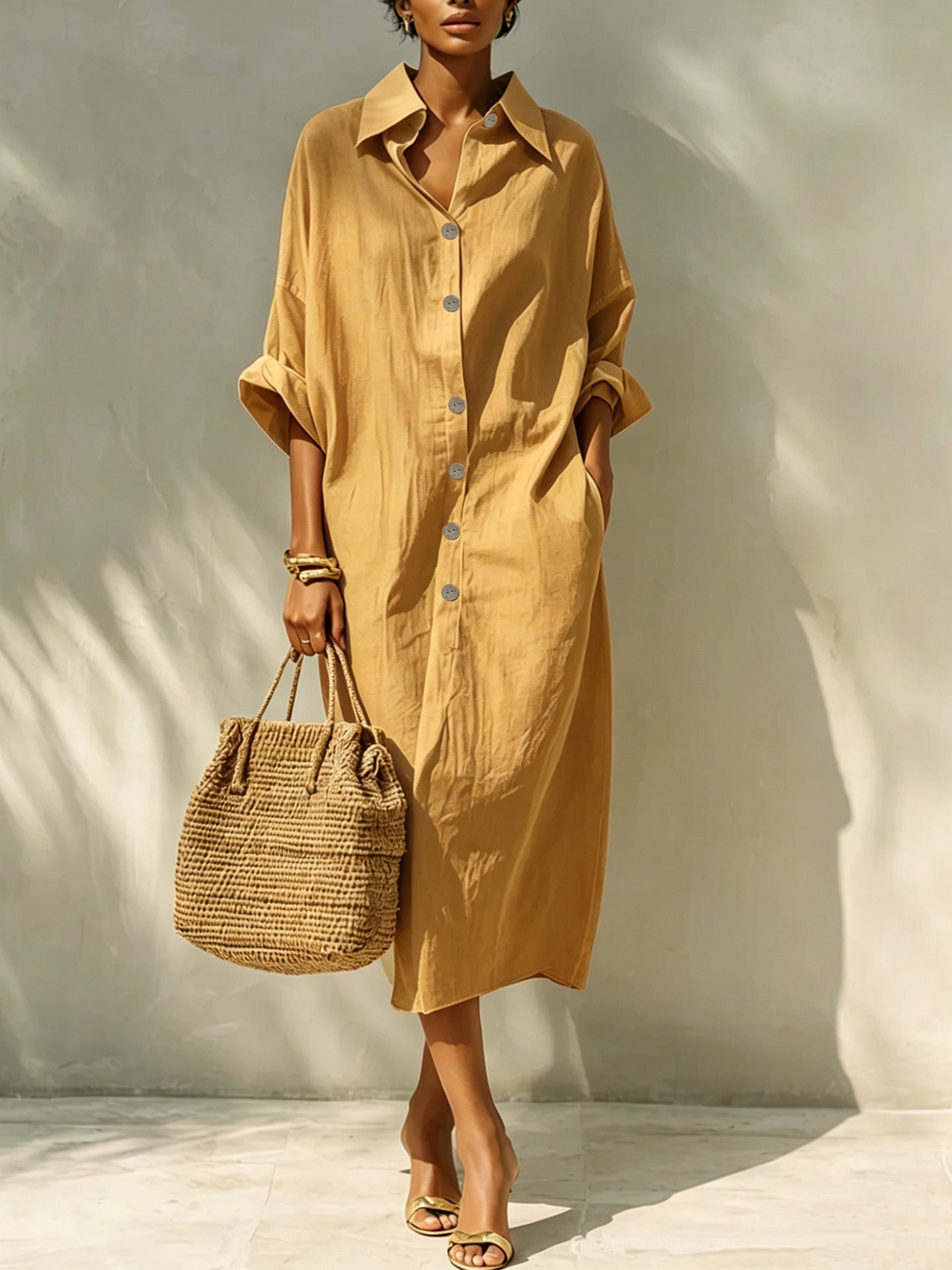 Relaxed Button Front Linen Shirt Midi Dress