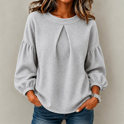 Waffle Textured Pleated Neck Balloon Long Sleeve Blouse