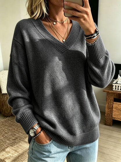 Relaxed V-Neck Long Sleeve Knit Sweater