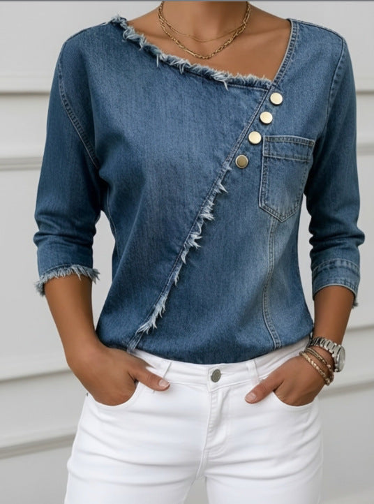 Asymmetric Frayed Denim Top