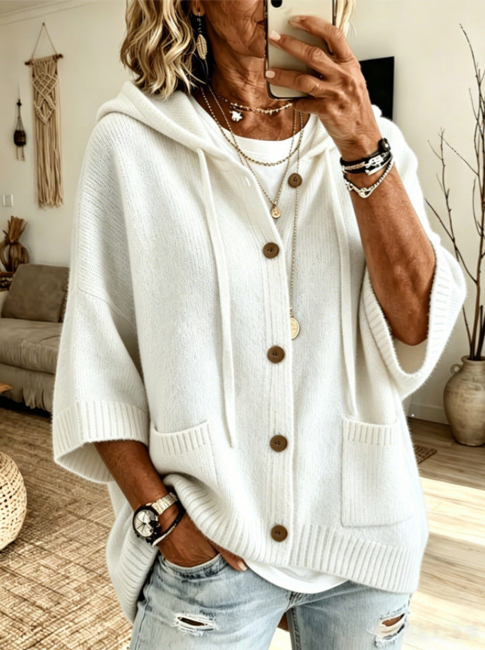 Drawstring Hooded 3/4 Sleeve Wooden Button Knit Cardigan