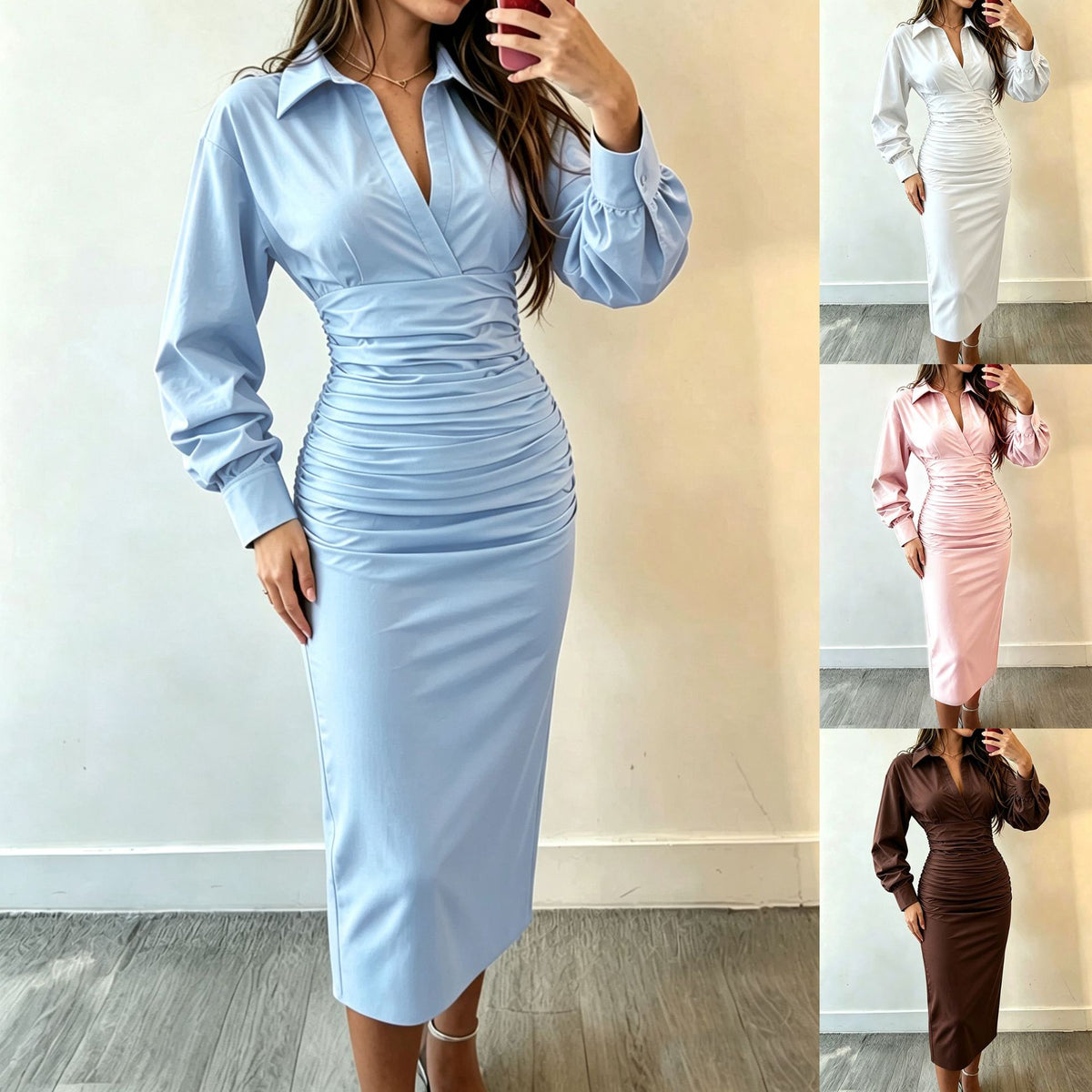 Collared Wrap V‑Neck Ruched Waist Balloon Sleeve Bodycon Midi Shirt Dress