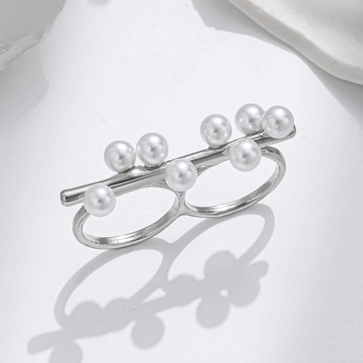 Minimalist Faux Pearl Stackable Ring Set 14K Gold Plated Open Statement Rings for Women - J4154A