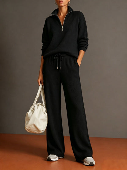 Vertical Rib Half Zip Stand Collar Two Piece Loungewear Set