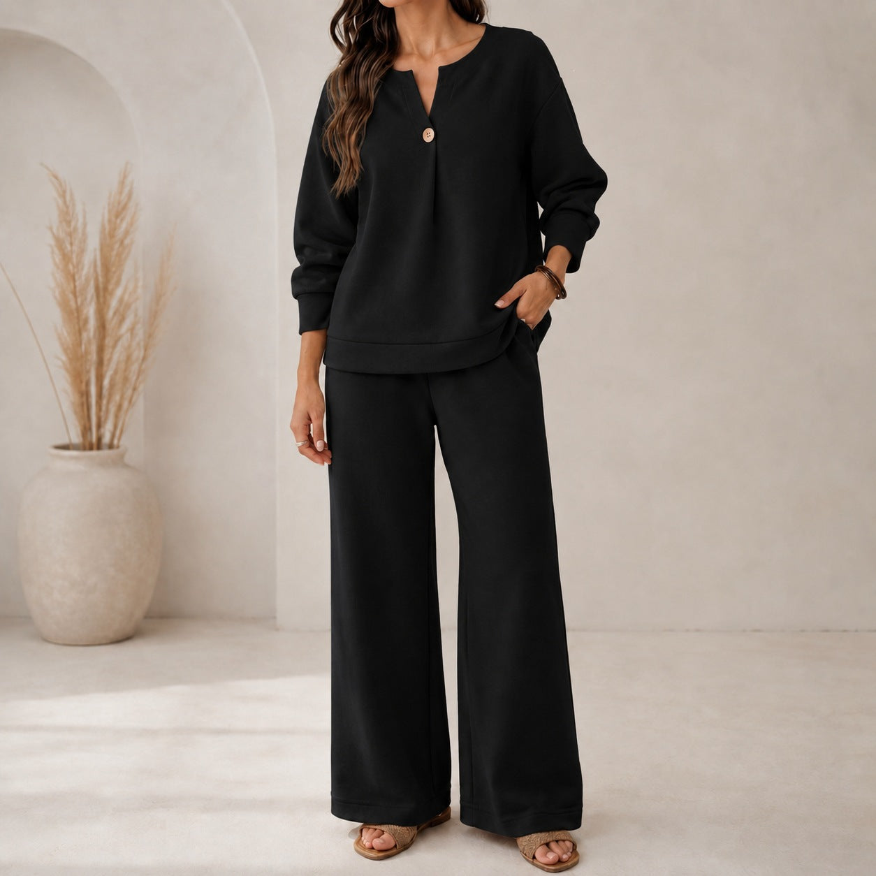 Fashion Loose Long-Sleeved Tops Wide-Leg Pants Casual Two-Piece Set For Women