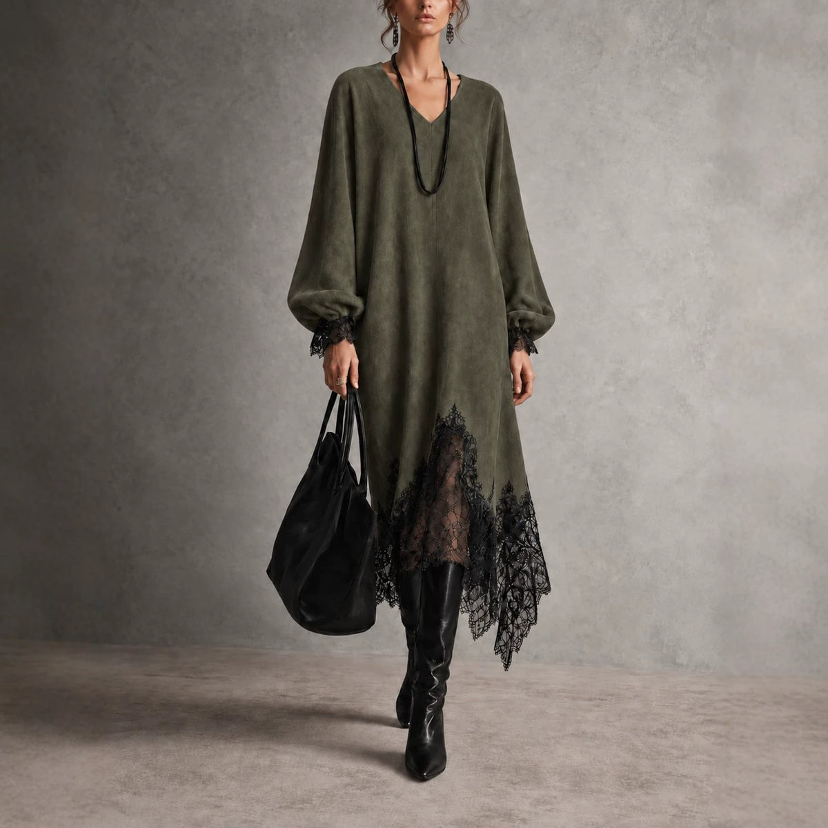 V‑Neck Lantern Sleeve Lace Trim Midi Knit Dress