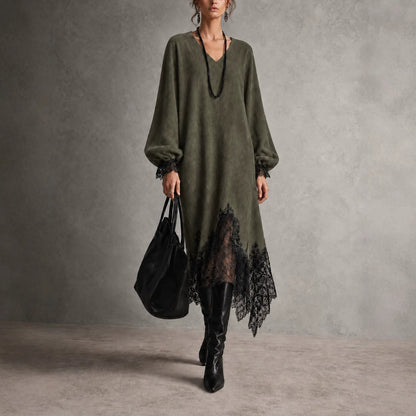 V‑Neck Lantern Sleeve Lace Trim Midi Knit Dress