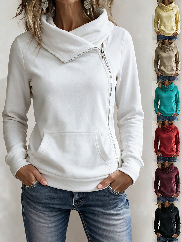 Draped Neck Zip Hoodie with Pocket
