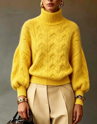 Women's Bright Yellow Turtleneck Cable Knit Oversized Pullover Sweater