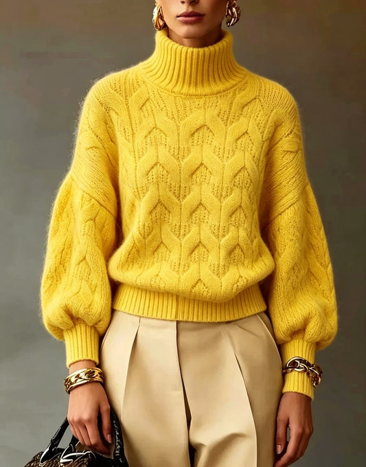 Women's Bright Yellow Turtleneck Cable Knit Oversized Pullover Sweater