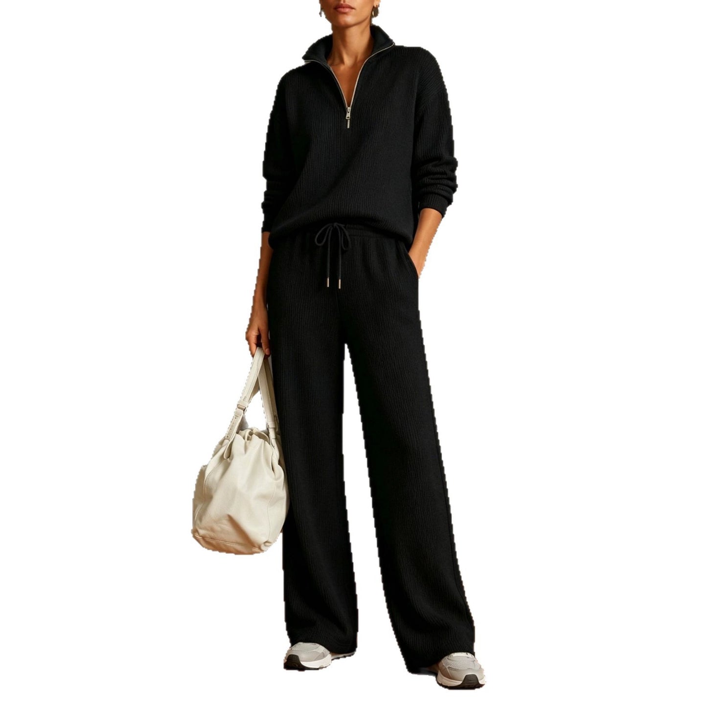 Vertical Rib Half Zip Stand Collar Two Piece Loungewear Set