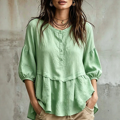 Peplum Balloon Sleeve Blouse – Soft Linen-Blend Casual Top
