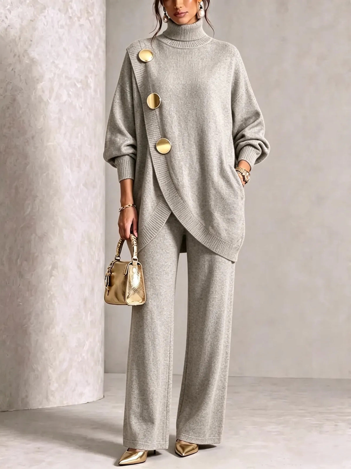 Turtleneck Gold‑Button Asymmetric Knit Tunic & Wide‑Leg Pants Two‑Piece Set