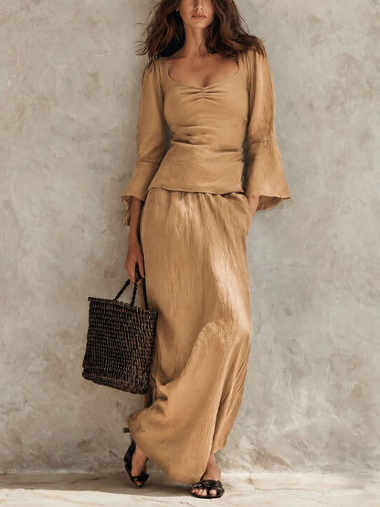 Square Neck Flare Sleeve Top & Maxi Skirt Matching Set