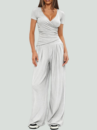 Women Solid Wrap V Neck Ruched Long Sleeve Top Elastic High Waist Pocket Wide Leg Casual Loungewear Co-ord Set
