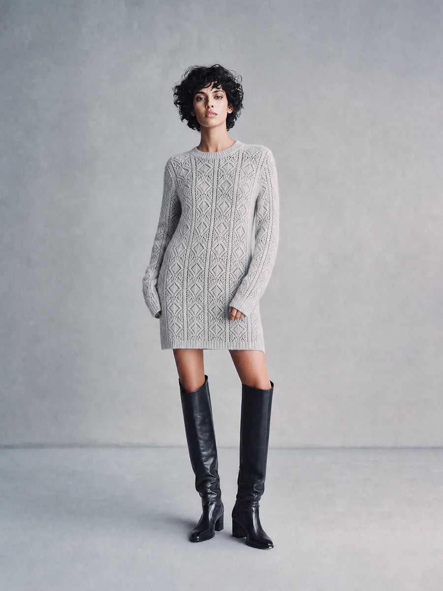 Cable Knit Crew Neck Long Sleeve Mini Sweater Dress