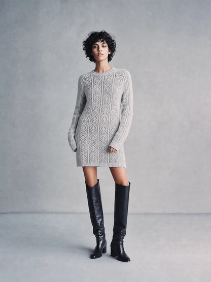 Cable Knit Crew Neck Long Sleeve Mini Sweater Dress