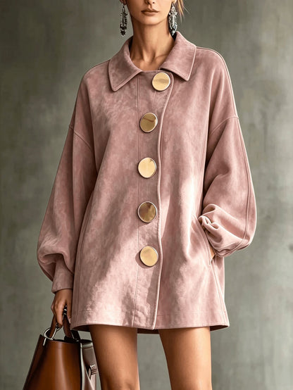 Margot Oversized Faux Suede Jacket Dress with Gold Buttons