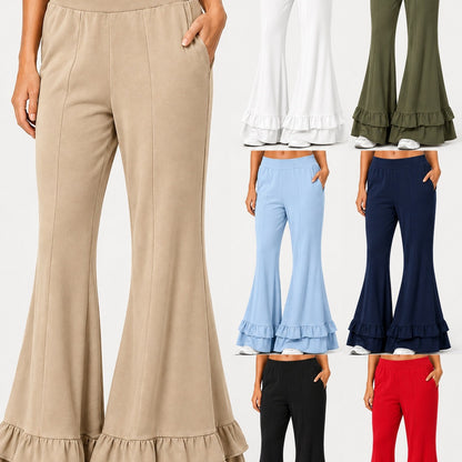 High Waist Front Seam Double Ruffle Hem Flare Knit Pants