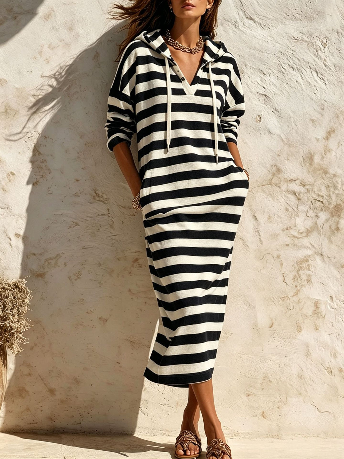 Striped Hooded Drawstring Long Sleeve Midi Dress