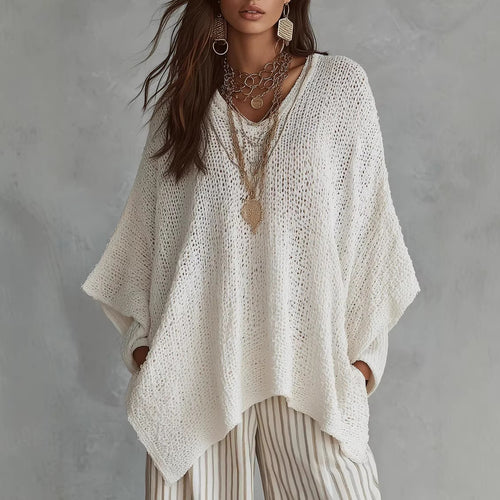 V-Neck Open Knit Oversized Batwing Long Sleeve Sweater Top