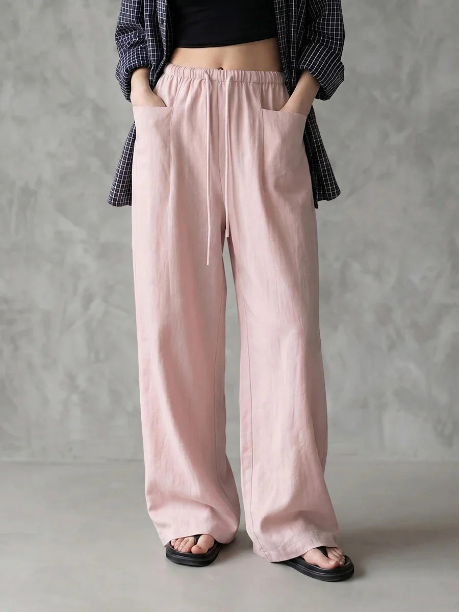 Elastic Drawstring Waist Linen Blend Wide‑Leg Pants