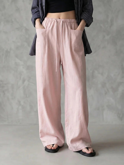 Elastic Drawstring Waist Linen Blend Wide‑Leg Pants
