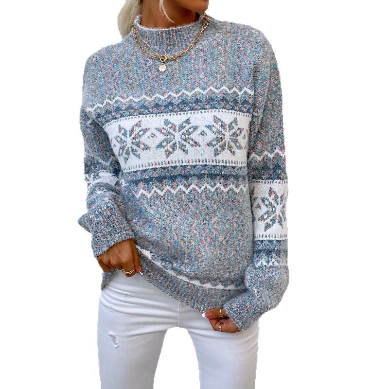 Mock Neck Snowflake Jacquard Long Sleeve Knit Sweater