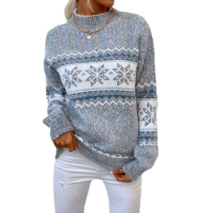 Mock Neck Snowflake Jacquard Long Sleeve Knit Sweater