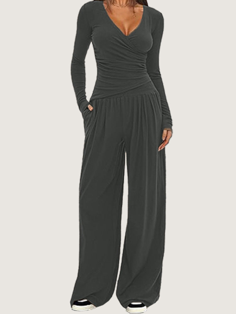 Women Solid Wrap V Neck Ruched Long Sleeve Top Elastic High Waist Pocket Wide Leg Casual Loungewear Co-ord Set