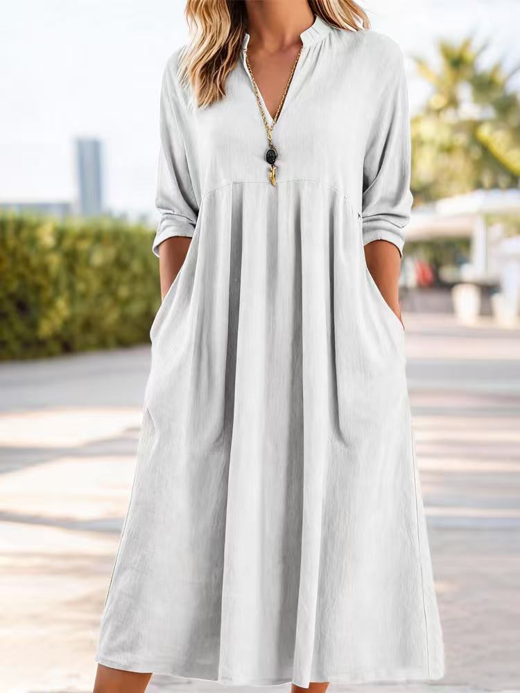Textured Linen Blend Stand Collar V-Neck Babydoll Midi Dress