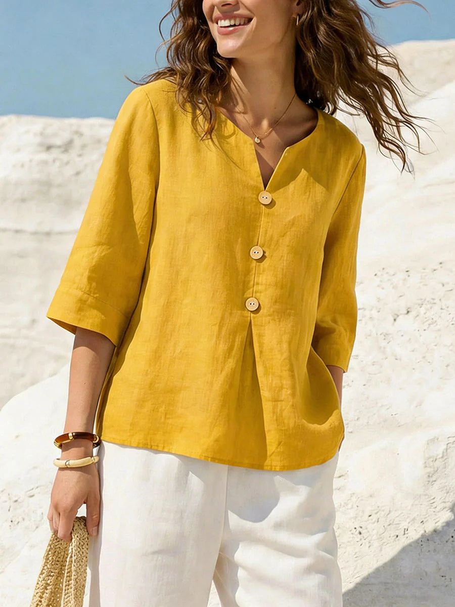 Linen-Blend Button-Front Top – Soft Textured 3/4 Sleeve Blouse