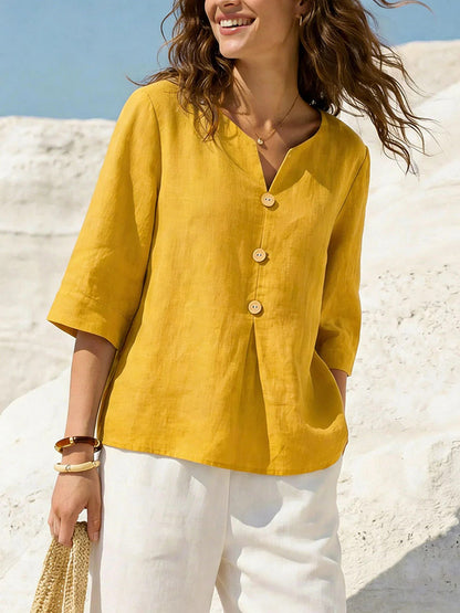 Linen-Blend Button-Front Top – Soft Textured 3/4 Sleeve Blouse