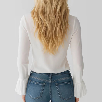Ruffle V Neck Tie Front Flared Long Sleeve Slim Chiffon Blouse