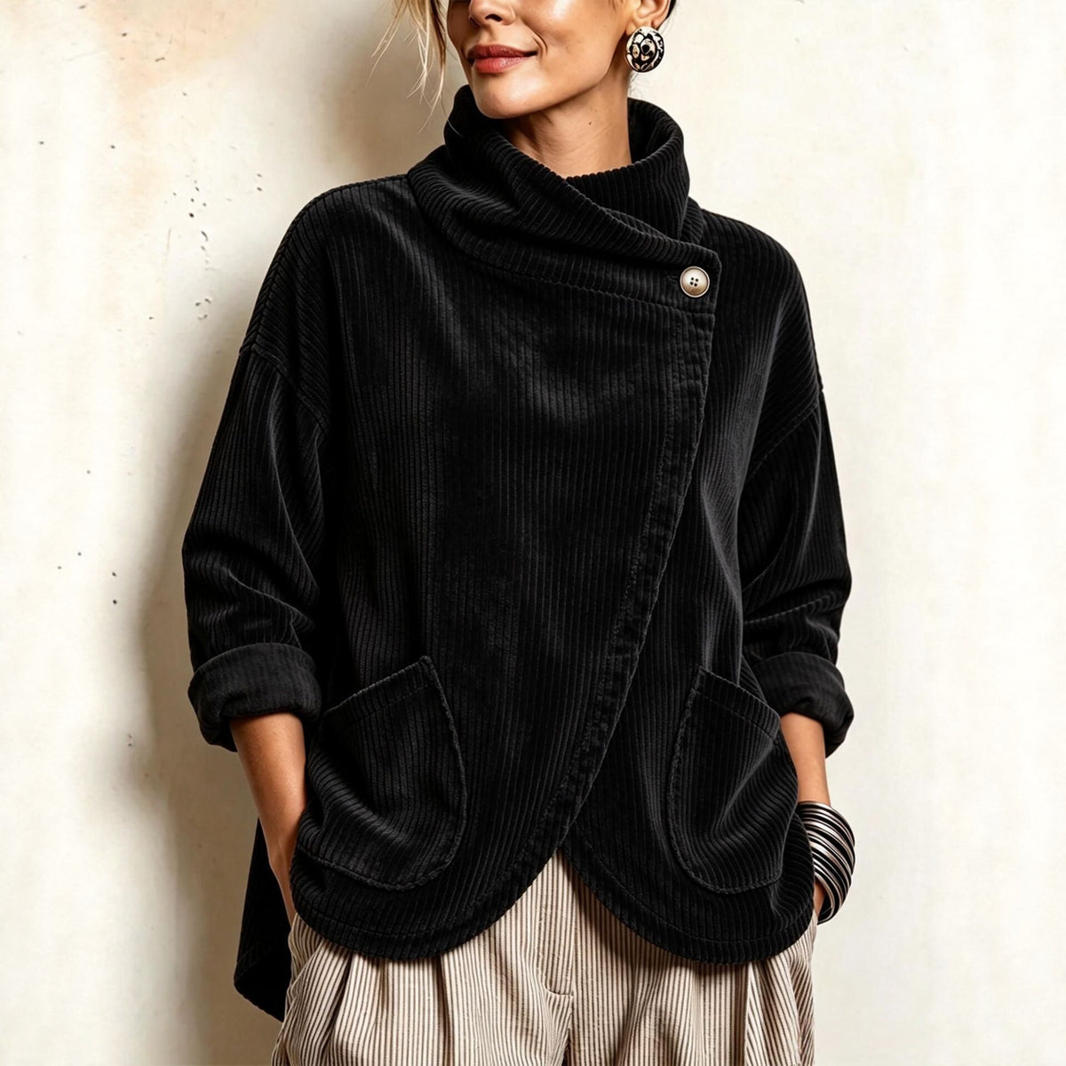 Cozy Asymmetric Button-Accented Corduroy Top