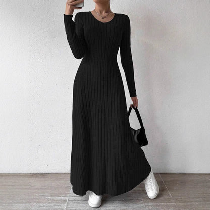 V-Neck Vertical Ribbed Knit Long Sleeve A-Line Maxi Dress